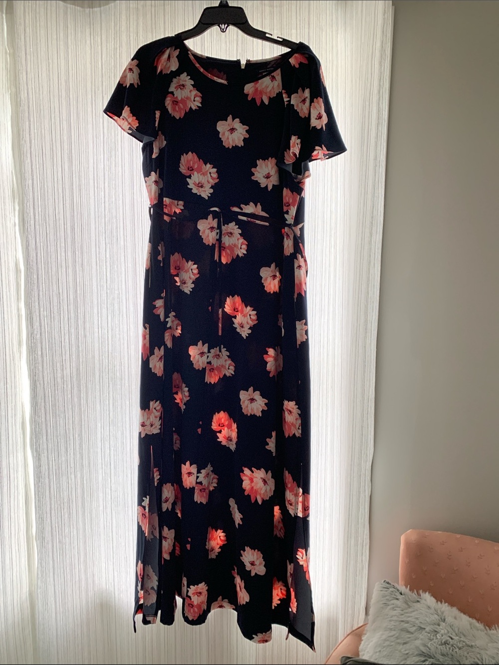 Tommy Hilfiger Black Maxi Dress with Pink Floral Print and Waist Tie